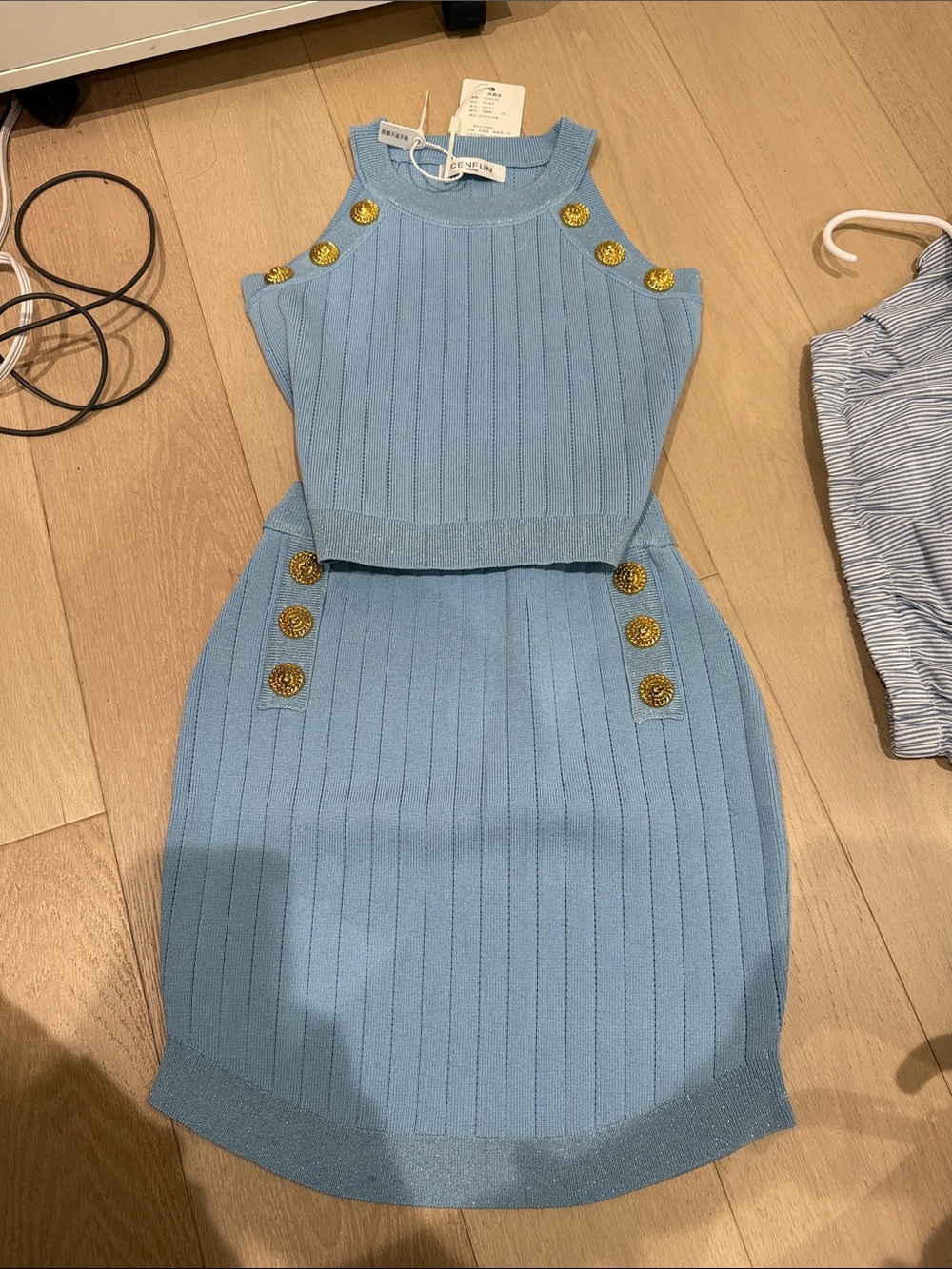 Sleeveless Light Blue Knit Dress with Gold Buttons